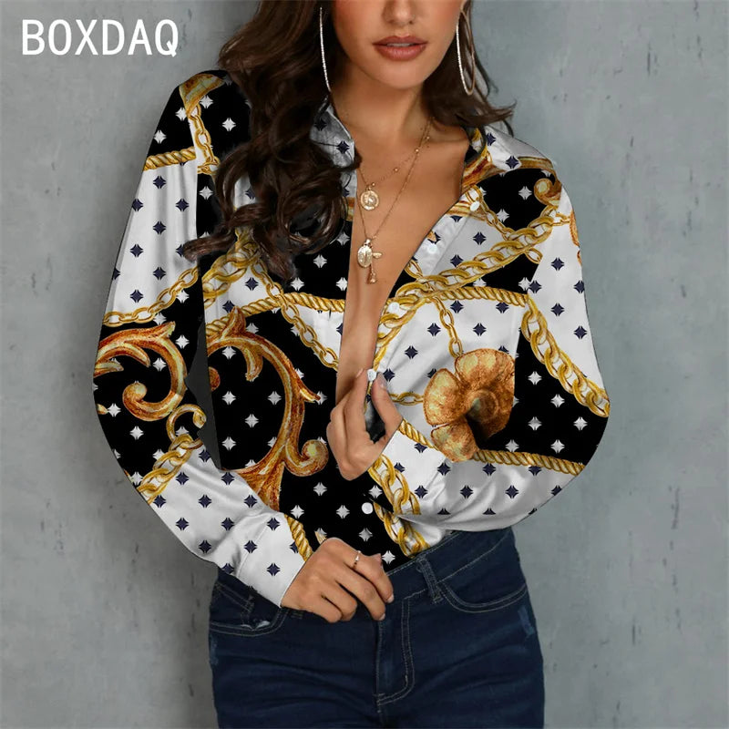 Luxury Gold-Print Chiffon Bluse – High-Fashion Barock-Design & Eleganter Slim-Fit - CheapSeasons