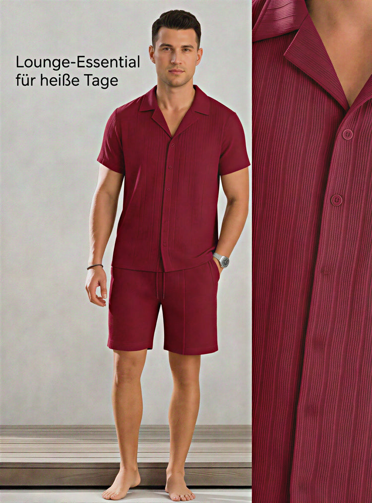 Light beige Riviera linen resort set by CheapSeasons, featuring a relaxed top and matching shorts perfect for summer leisure.