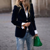 Velvet Elegance blazer by CheapSeasons, stylish black blazer with a smooth velvet texture, tailored fit for sophisticated looks.