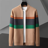 Modern striped bomber cardigan by CheapSeasons, featuring a layered look with bold stripes, perfect for urban casual styles.