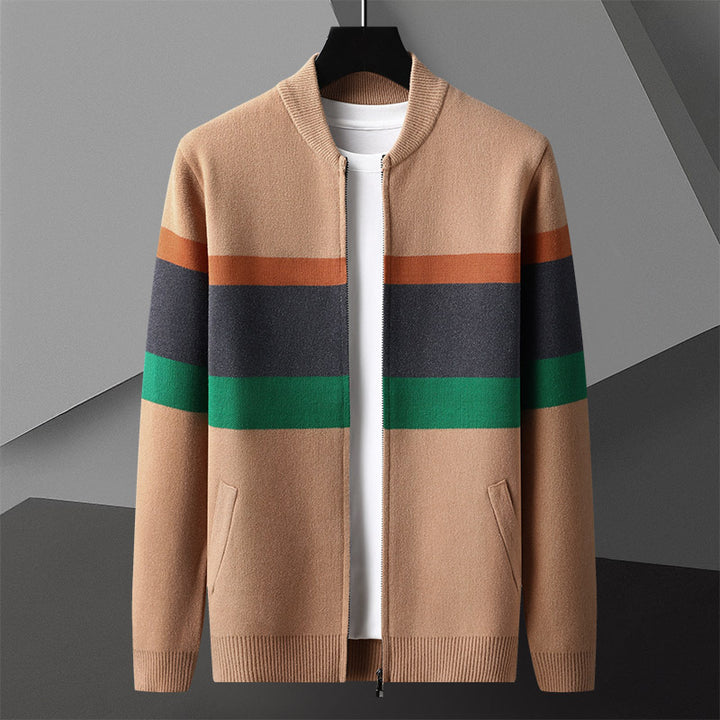 Modern striped bomber cardigan by CheapSeasons, featuring a layered look with bold stripes, perfect for urban casual styles.