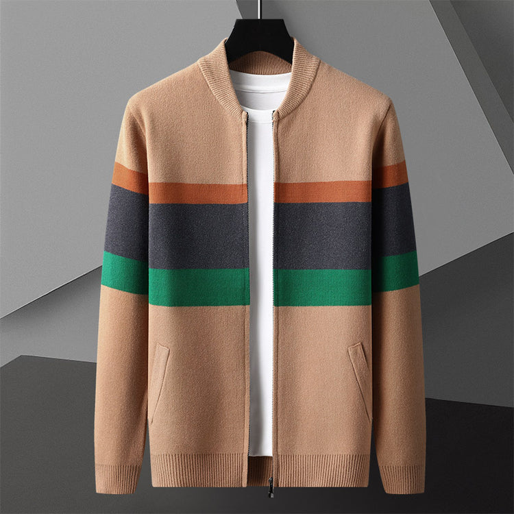 Modern striped bomber cardigan by CheapSeasons, featuring a layered look with bold stripes, perfect for urban casual styles.