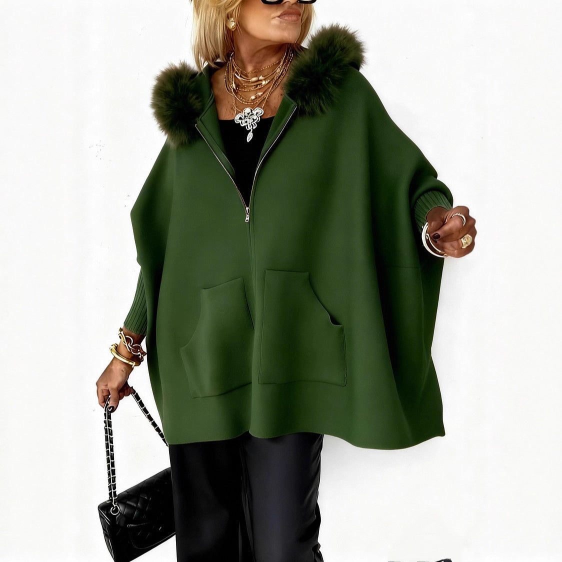 Luxury hooded cape with fur accent from CheapSeasons, shown with plush fabric and a cozy, stylish design.