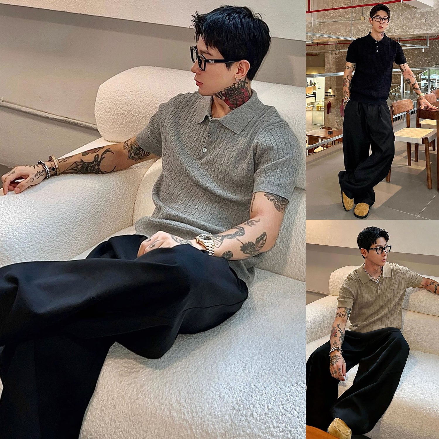 Modernes Zopfstrick-Poloshirt für Herren im Y2K High-Fashion-Look – getragen in den Farben Grau, Khaki und Schwarz.