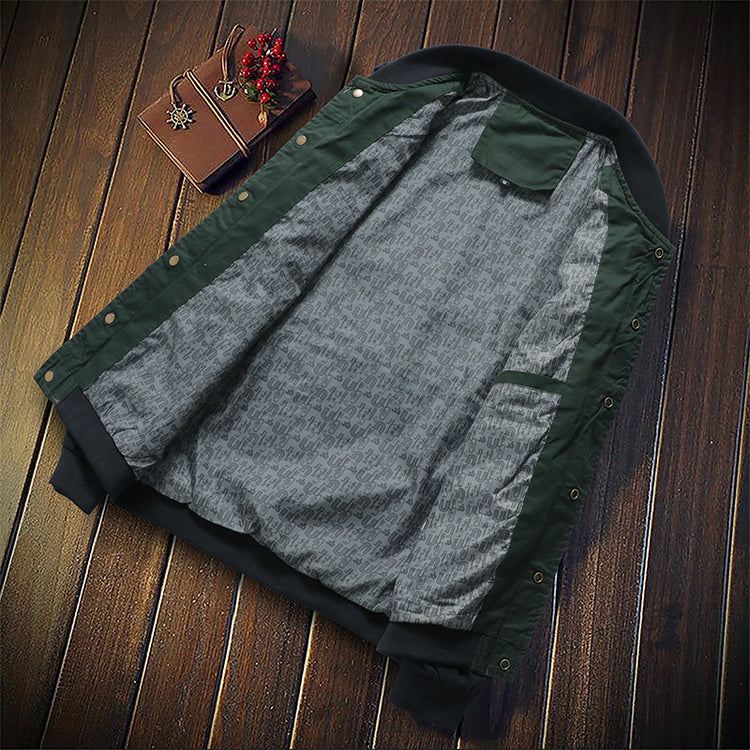 Color-block statement jacket from CheapSeasons featuring vintage vibes and urban rugged style with earthy tones and bold design.
