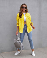 Vintage CheapSeasons shacket with oversized fit, casual style, and button closure, displayed on a hanger against a neutral background.