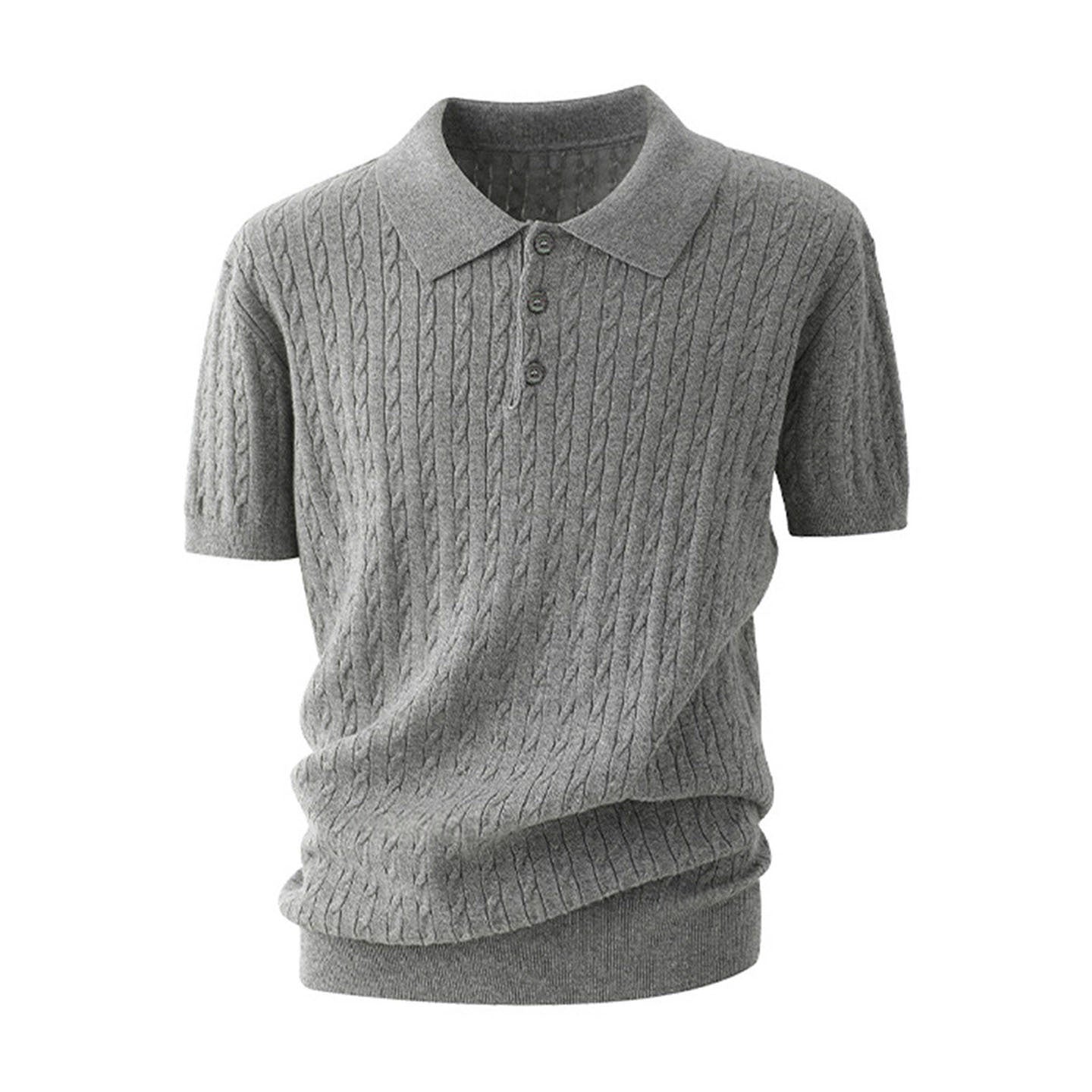 Modernes Zopfstrick-Poloshirt für Herren im Y2K High-Fashion-Look – getragen in den Farben Grau, Khaki und Schwarz.