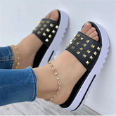 CheapSeasons Cloud Plateau sandals with gold studs, featuring a thick sole and stylish design for comfort and fashion.