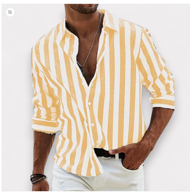 Mens striped summer shirt by CheapSeasons, loose fit British-style shirt in various sizes, shown in a casual outdoor setting.