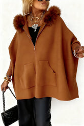 Luxurious hooded cape with fur accent from CheapSeasons, featuring soft fabric and elegant design for stylish winter wear.