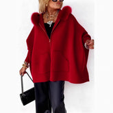 Luxurious hooded cape with fur accent from CheapSeasons, featuring soft fabric and stylish design for elegant winter wear.