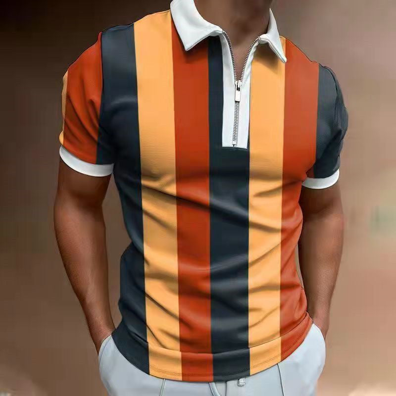 Men's Zip Polo Shirt "Retro-Modern" by CheapSeasons with vertical stripes, slim fit, and classic polo collar.