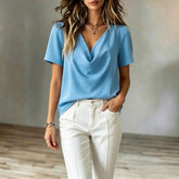 Elegantes Damen Chiffon-Kurzarmtop mit V-Ausschnitt in verschiedenen Farben wie Marineblau und Dunkelrot – figurschmeichelnde Bluse bis Größe 3XL.
