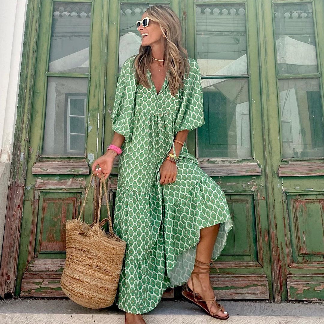 Green floral Boho maxi dress from CheapSeasons, lightweight summer dress with flowing fabric and bohemian style.