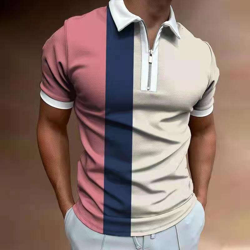 Men's Zip Polo Shirt "Retro-Modern" by CheapSeasons, slim fit with vertical stripes in a close-up of the stylish design.