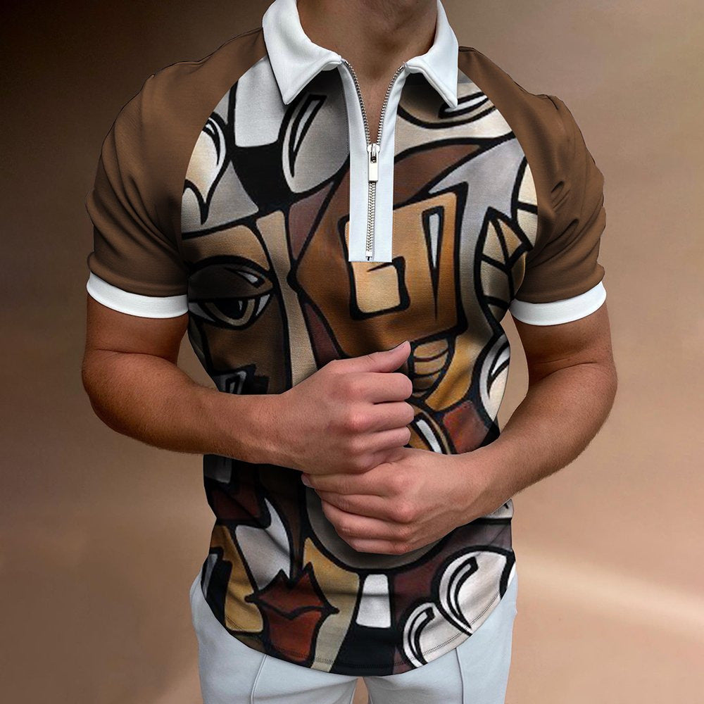 Men's Zip Polo Shirt "Retro-Modern" by CheapSeasons with vertical stripes and slim fit, displayed on a hanger.