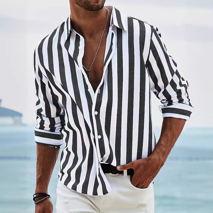 Mens loose fit striped summer shirt in British style by CheapSeasons, featuring a casual collar and button front.