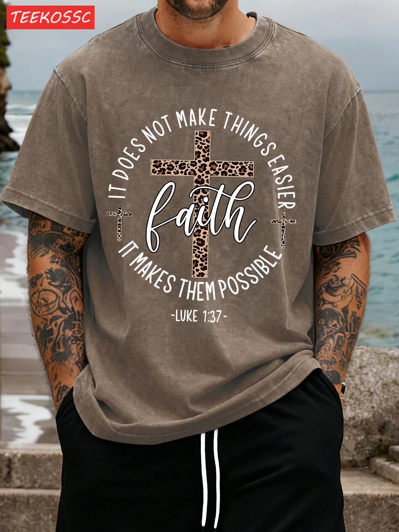 Faith Vintage Tee – 100% Cotton with Cross Motif & Leopard Print - CheapSeasons
