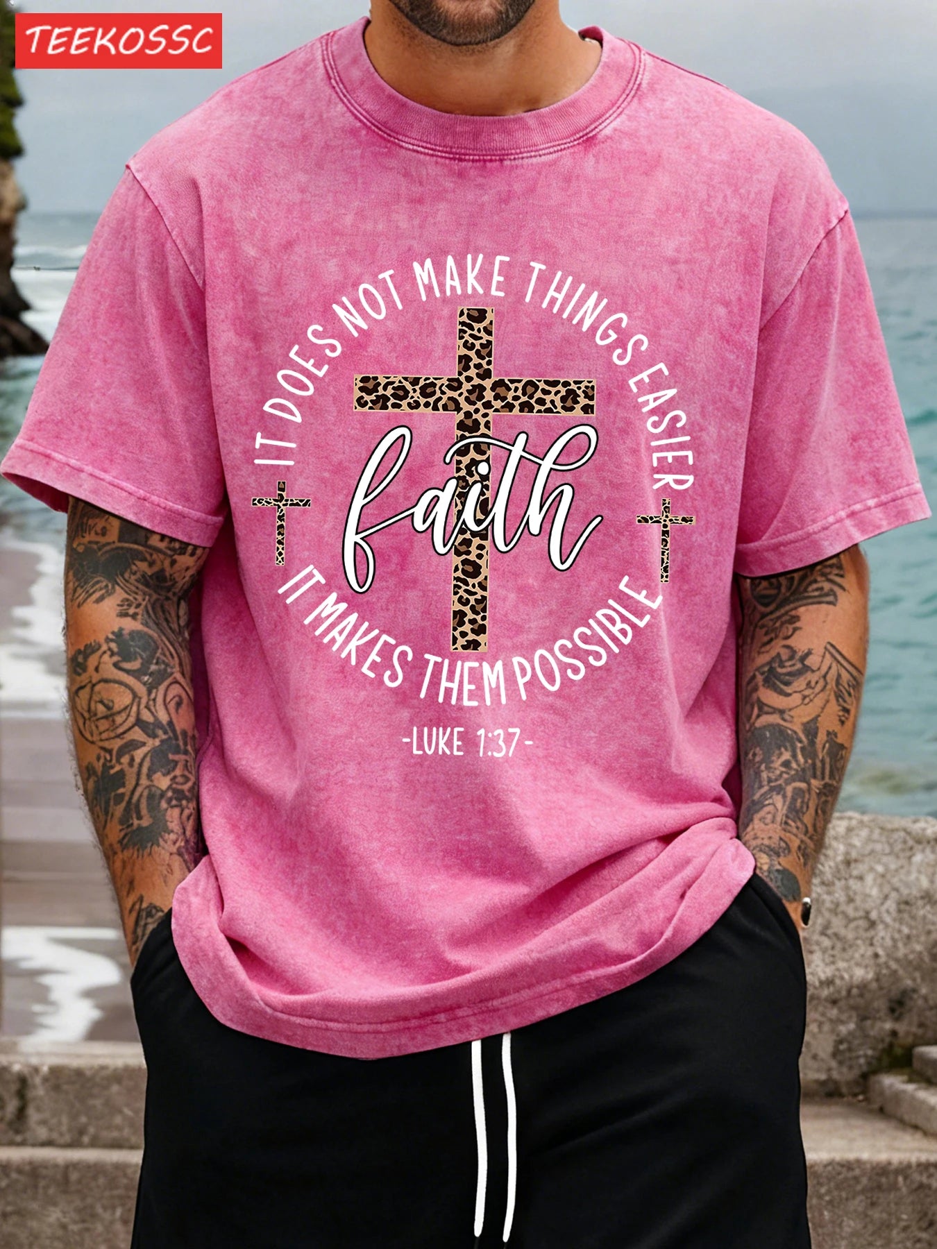 Faith Vintage Tee – 100% Cotton with Cross Motif & Leopard Print - CheapSeasons