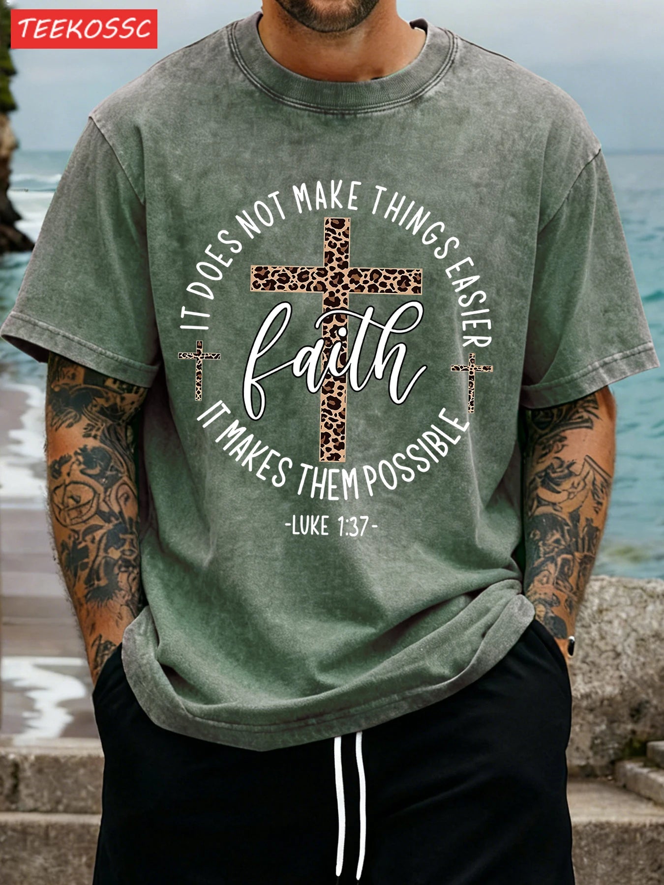 Faith Vintage Tee – 100% Cotton with Cross Motif & Leopard Print - CheapSeasons