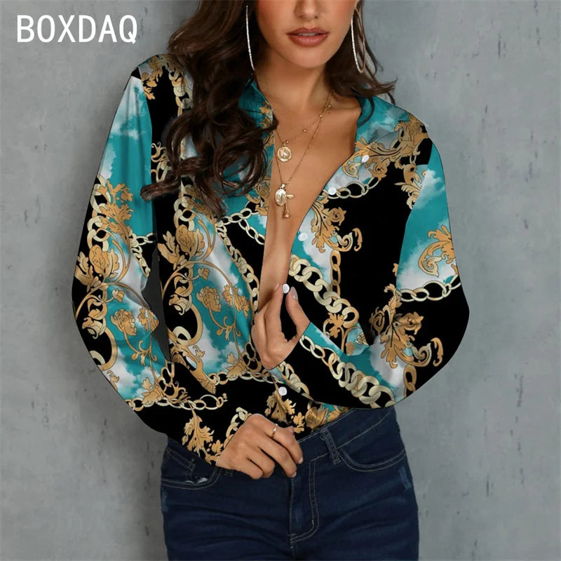 Luxury Gold-Print Chiffon Bluse – High-Fashion Barock-Design & Eleganter Slim-Fit - CheapSeasons