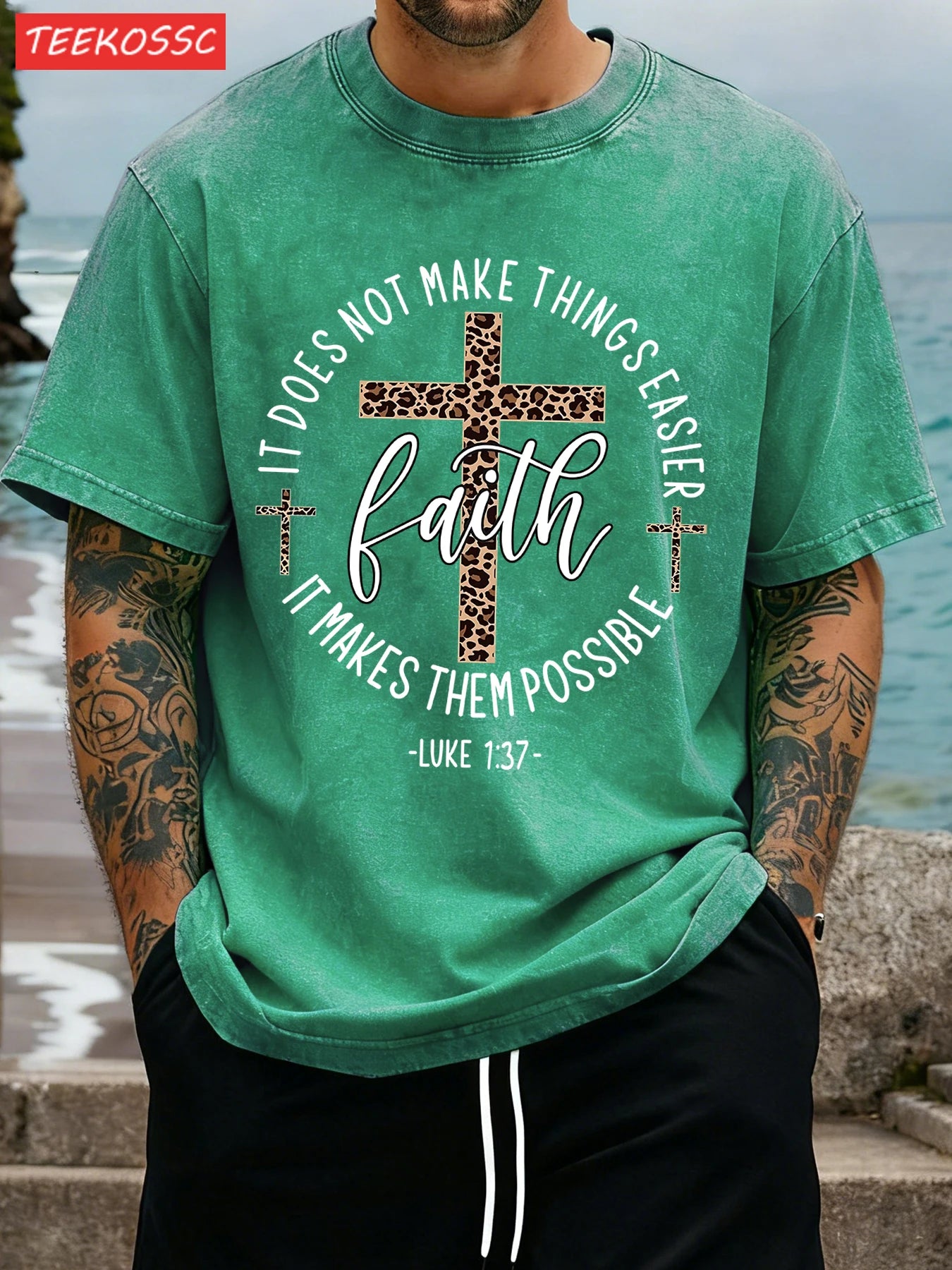 Faith Vintage Tee – 100% Cotton with Cross Motif & Leopard Print - CheapSeasons