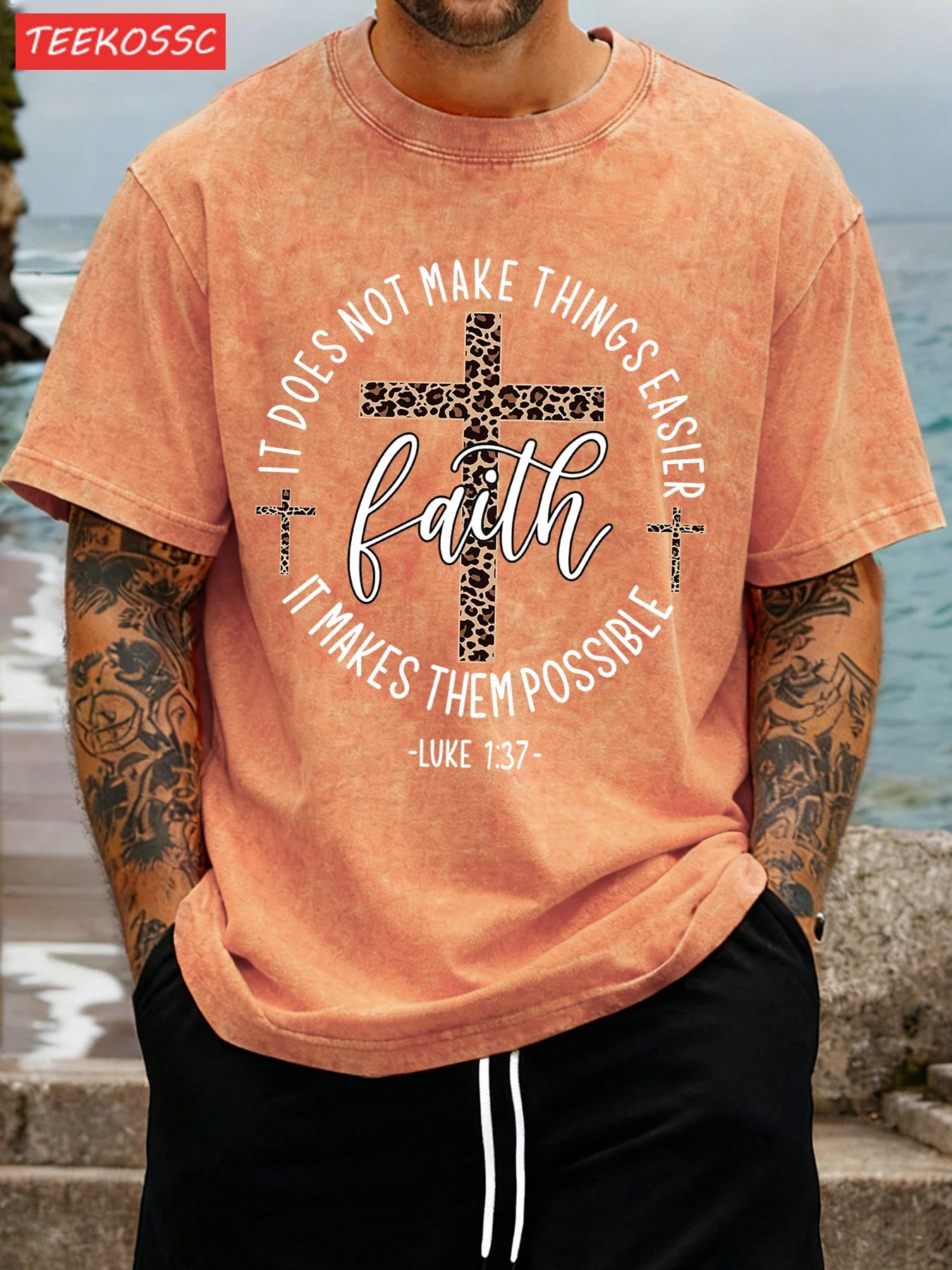 Faith Vintage Tee – 100% Cotton with Cross Motif & Leopard Print - CheapSeasons