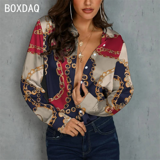 Luxury Gold-Print Chiffon Bluse – High-Fashion Barock-Design & Eleganter Slim-Fit - CheapSeasons