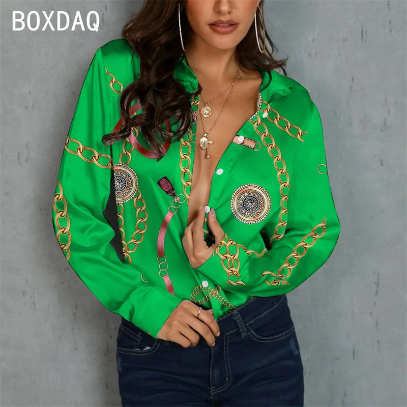 Luxury Gold-Print Chiffon Bluse – High-Fashion Barock-Design & Eleganter Slim-Fit - CheapSeasons