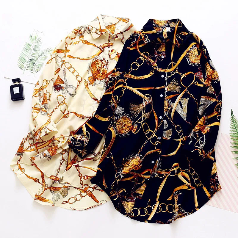 Luxury long shirt in baroque style – Elegant silk-cotton blouse with geometric print - CheapSeasons