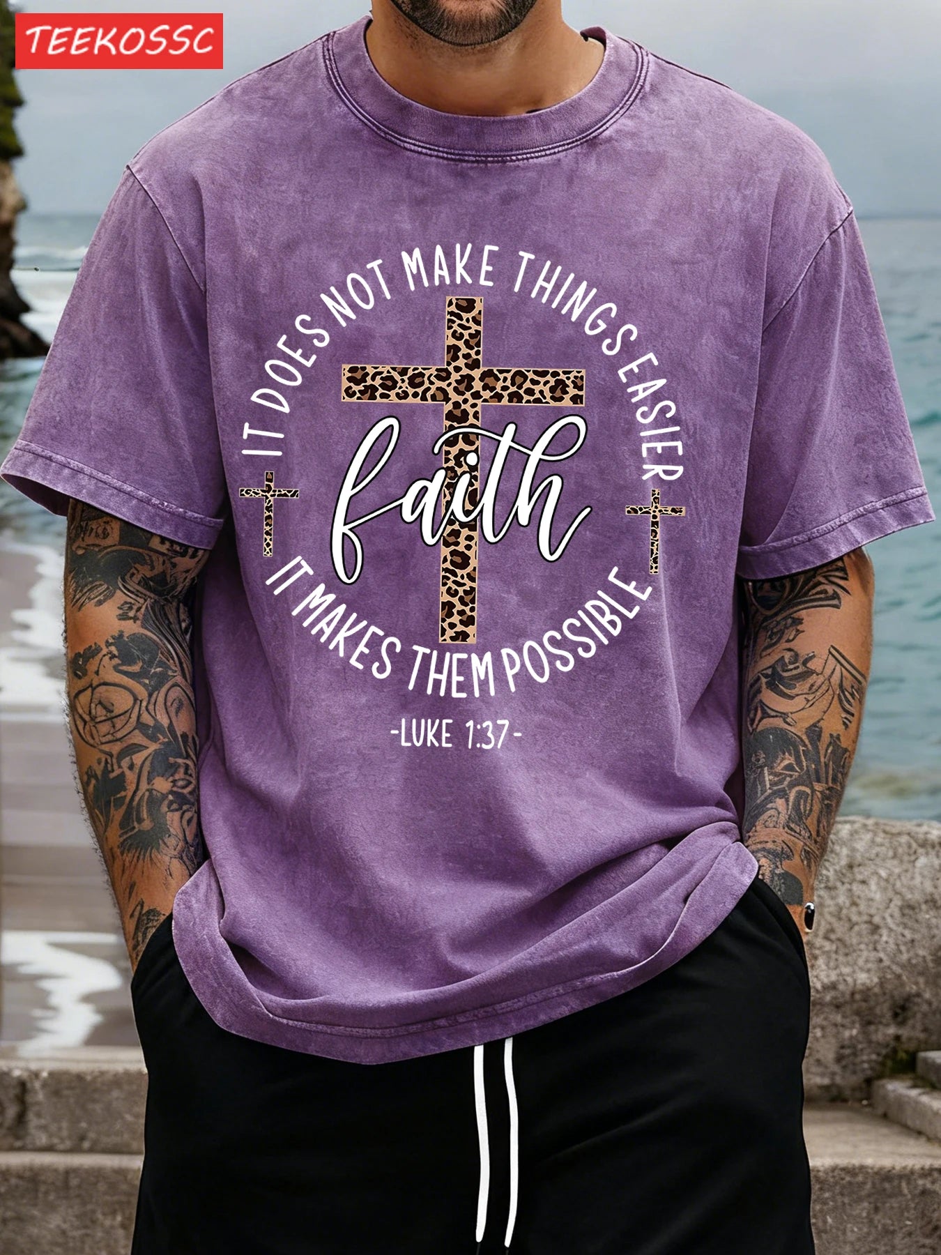 Faith Vintage Tee – 100% Cotton with Cross Motif & Leopard Print - CheapSeasons