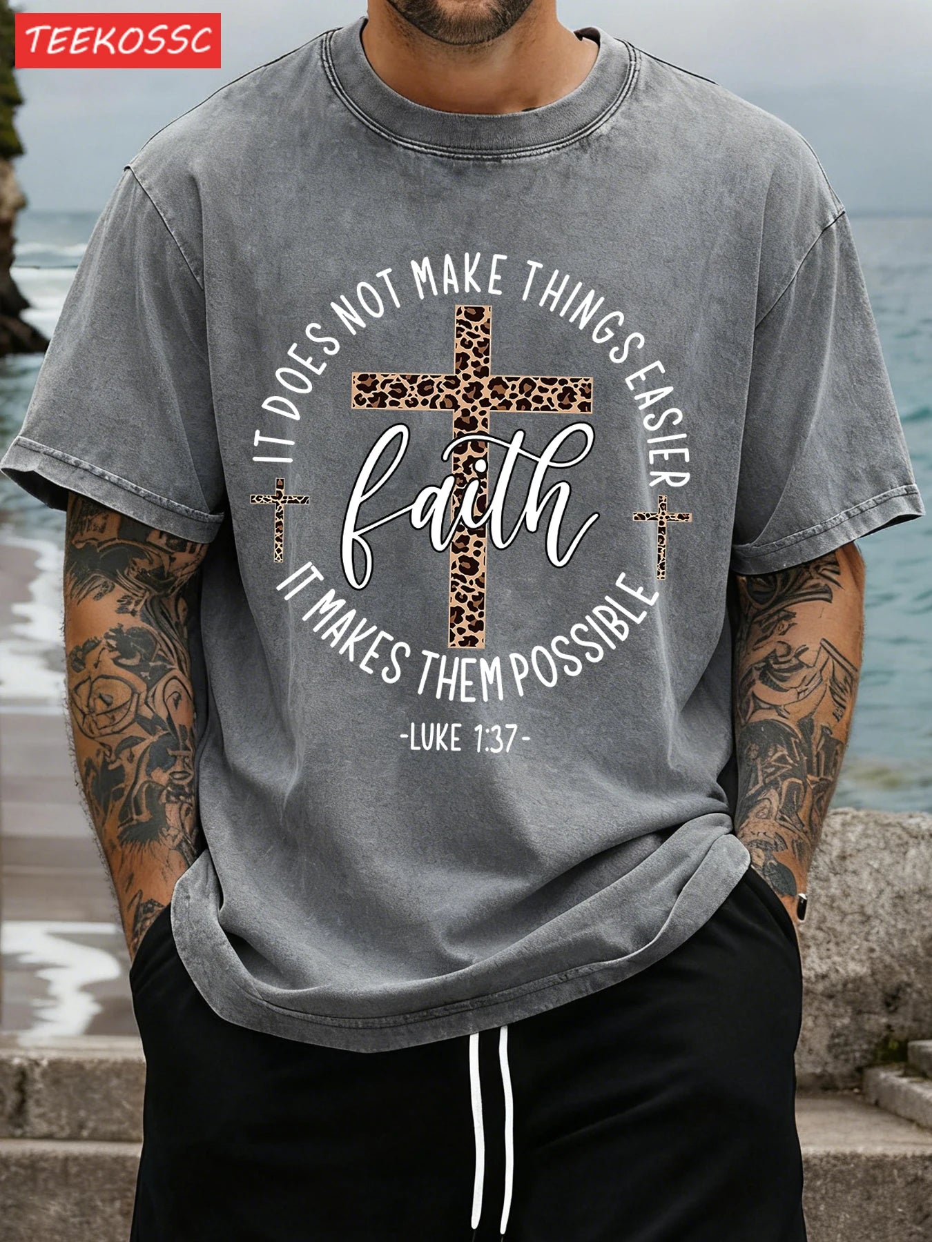 Faith Vintage Tee – 100% Cotton with Cross Motif & Leopard Print - CheapSeasons