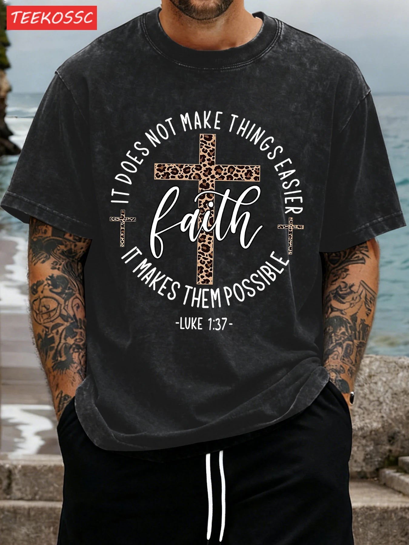 Faith Vintage Tee – 100% Cotton with Cross Motif & Leopard Print - CheapSeasons