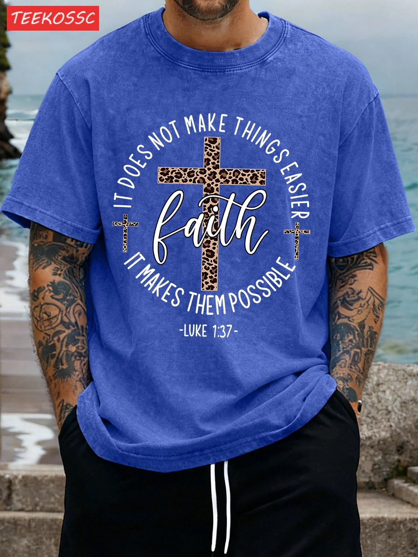 Faith Vintage Tee – 100% Cotton with Cross Motif & Leopard Print - CheapSeasons