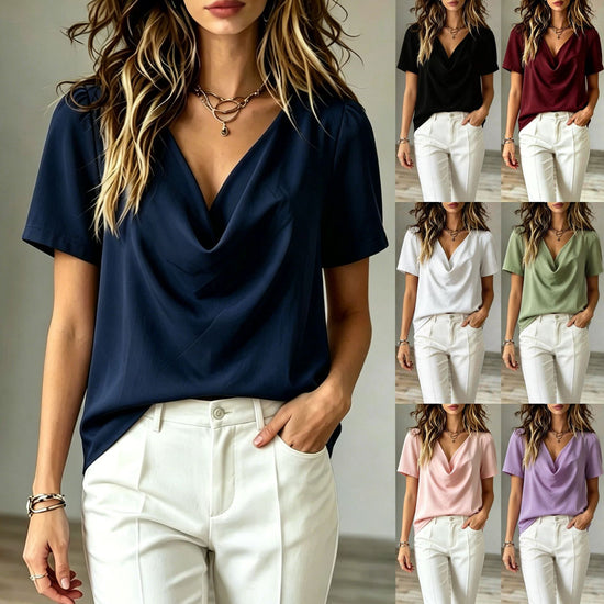 Elegantes Damen Chiffon-Kurzarmtop mit V-Ausschnitt in verschiedenen Farben wie Marineblau und Dunkelrot – figurschmeichelnde Bluse bis Größe 3XL.