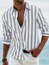 Mens loose fit summer striped shirt in British style, in size S to 4XL, by CheapSeasons, featuring classic pattern and lightweight fabric.