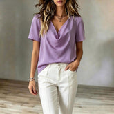 Elegantes Damen Chiffon-Kurzarmtop mit V-Ausschnitt in verschiedenen Farben wie Marineblau und Dunkelrot – figurschmeichelnde Bluse bis Größe 3XL.
