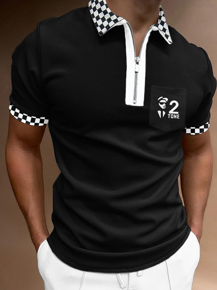Men's Zip Polo Shirt "Retro-Modern" by CheapSeasons with vertical stripes and slim fit, shown on a model.