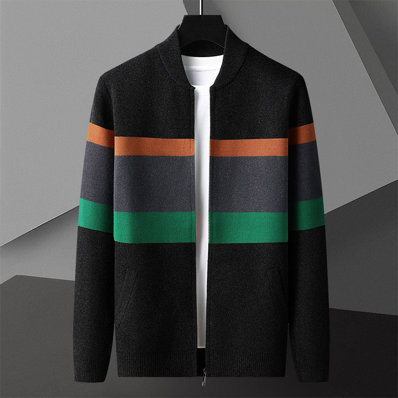 Modern striped bomber cardigan by CheapSeasons, featuring a stylish layered look perfect for urban fashion.