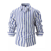 Male model wearing a loose fit, striped British-style summer shirt for men by CheapSeasons, displayed on a hanger.