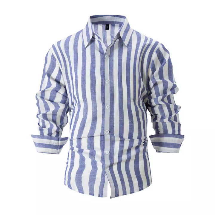 Male model wearing a loose fit, striped British-style summer shirt for men by CheapSeasons, displayed on a hanger.