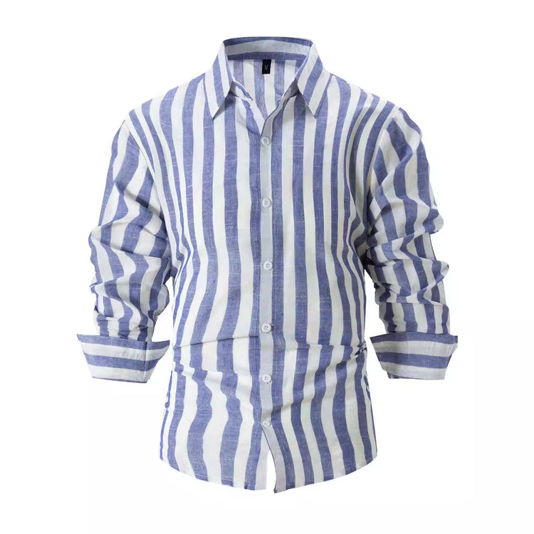 Male model wearing a loose fit, striped British-style summer shirt for men by CheapSeasons, displayed on a hanger.