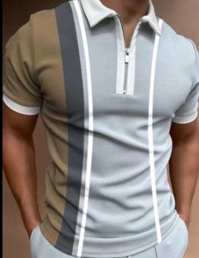 Men's Zip-Polo shirt by CheapSeasons featuring retro-modern vertical stripes and slim fit design.