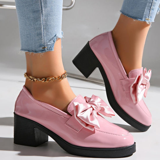 Pink Lackloafer by CheapSeasons featuring a satin bow, stylish slip-on shoe with glossy finish and elegant design.