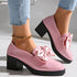 Pink Lackloafer by CheapSeasons featuring a satin bow, stylish slip-on shoe with glossy finish and elegant design.