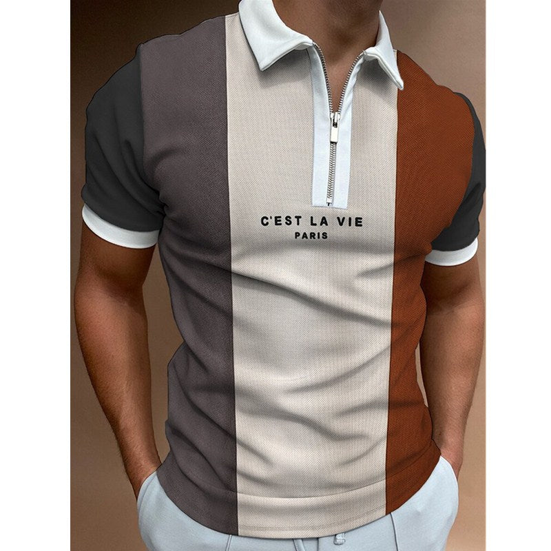 Men's zip polo shirt with vertical stripes from CheapSeasons, featuring a slim fit and modern retro style.