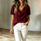 Elegantes Damen Chiffon-Kurzarmtop mit V-Ausschnitt in verschiedenen Farben wie Marineblau und Dunkelrot – figurschmeichelnde Bluse bis Größe 3XL.