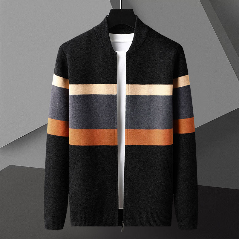 Modern striped bomber cardigan by CheapSeasons, featuring a stylish layered look perfect for urban fashion, shown on a model.