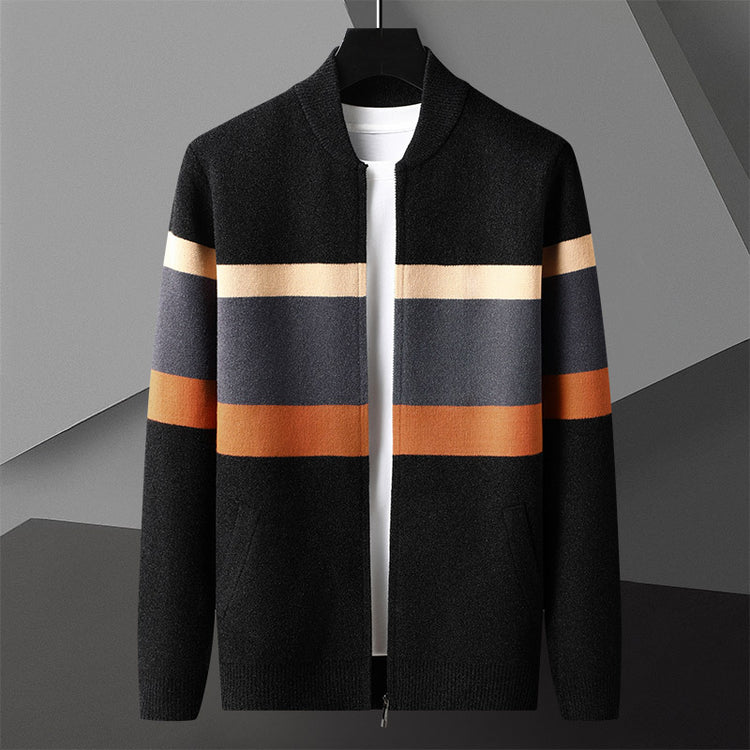 Modern striped bomber cardigan by CheapSeasons, featuring a stylish layered look perfect for urban fashion, shown on a model.