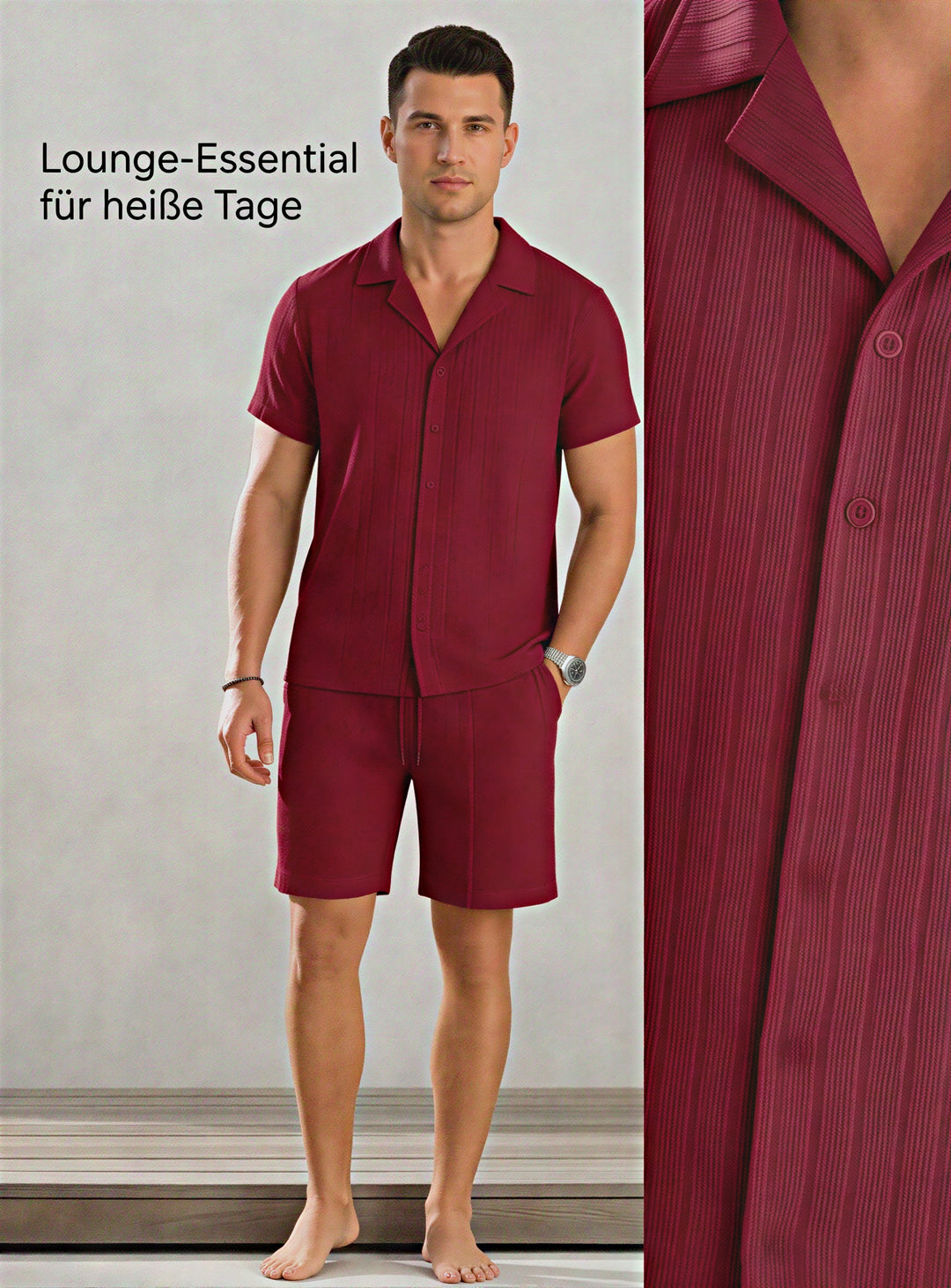 Light beige Riviera linen resort set by CheapSeasons, featuring a relaxed top and matching shorts perfect for summer leisure.